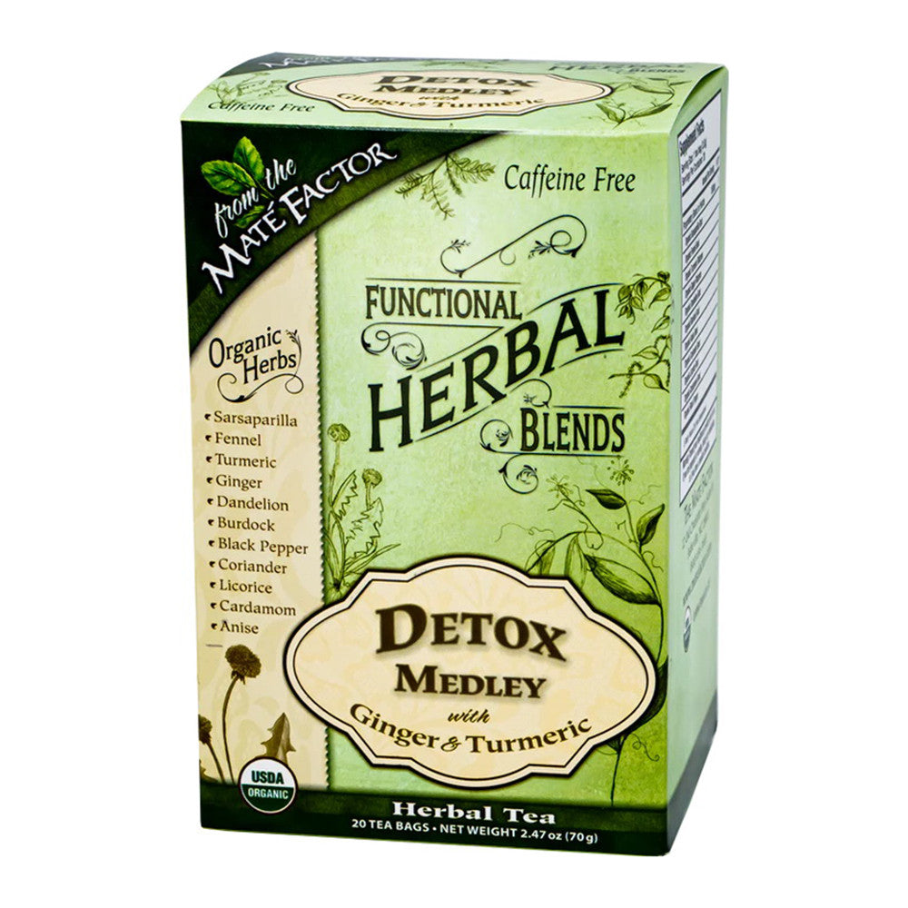 Mate Factor Organic Functional Herbal Blends Detox Medley with Ginger and Turmeric Tea Bags, 20 Ea